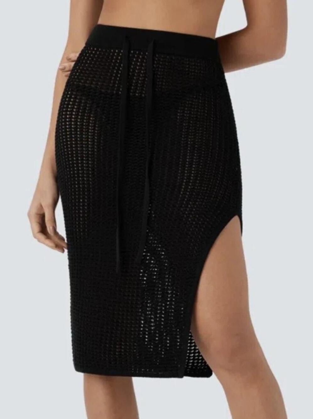 Halara Mesh Crochet Open Knit Midi Skirt Drawstring Size M Black Resort Coverup
